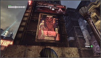 Odszukaj zawieszony na ścianie wielki plakat filmowy (powyższy screen) i zeskanuj go - Park Row - Zagadki słowne | Zagadki w Batman Arkham City - Batman: Arkham City - poradnik do gry