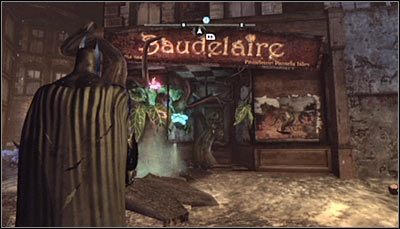 Odszukaj kwiaciarnię Baudelaire (powyższy screen) i zeskanuj ją - Park Row - Zagadki słowne | Zagadki w Batman Arkham City - Batman: Arkham City - poradnik do gry