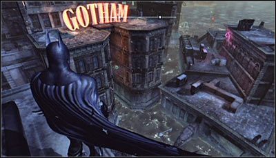 W celu zapewnienia sobie poprawnego rozwiązania tej zagadki przedostań się na dach budynku policji, zlokalizowanego na południowy-wschód stąd (powyższy screen) - Mila Rozrywki - Trofea Batmana (31-37) | Zagadki w Batman Arkham City - Batman: Arkham City - poradnik do gry