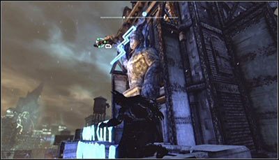 Wycentruj widok na posągu Zeusa znajdującym się nad neonem Gotham City Olympus (powyższy screen) i zeskanuj go - Mila Rozrywki - Zagadki słowne | Zagadki w Batman Arkham City - Batman: Arkham City - poradnik do gry