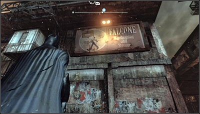 Odszukaj billboard Falcone Warehousing and Storage (powyższy screen) i zeskanuj go - Dzielnica przemysłowa - Zagadki słowne, Kamery TYGERA | Zagadki - Batman: Arkham City - poradnik do gry
