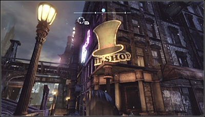 Odszukaj sklep oferujący nakrycia głowy (powyższy screen) i zeskanuj wejście do niego - Zaułki - Zagadki słowne | Zagadki w Batman Arkham City - Batman: Arkham City - poradnik do gry