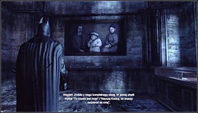 Odszukaj zawieszony na ścianie obraz (powyższy screen) i go zeskanuj - Muzeum - Zagadki słowne, Pingwiny | Zagadki w Batman Arkham City - Batman: Arkham City - poradnik do gry