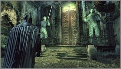 Uchwyć w pojedynczym kadrze posągi bliźniaków (powyższym screen) i zeskanuj je - Cudowne Miasto - Zagadki słowne, Pieczęcie Demona | Zagadki w Batman Arkham City - Batman: Arkham City - poradnik do gry
