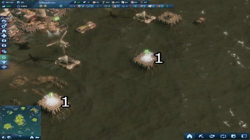 Do zbudowania, prócz floty złożonej z trzech głównych okrętów, dwóch okrętów wojennych i trzech żmij, mamy trzy Wieżyczki artyleryjskie (1) oraz dwa Działka przeciwlotnicze - Misja II - Wyzwanie | Rozdział 3 - W oku cyklonu | Anno 2070 - Anno 2070 - poradnik do gry