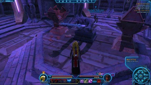 Zejdź po schodach po lewej do kolejnej sali i zabierz różdżkę z prawej (Rod of Wrath w [7]) - (L11) A Map for the Future (1) | Sith Inquistor | Star Wars The Old Republic - Star Wars: The Old Republic - poradnik do gry