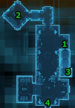 Aby dostać to zadanie, pomów z Sergeantem Cormunem, który broni się za stertą skrzynek w [1] przed Klorslugami i zgódź się mu pomóc (dla ułatwienia orientacji - punkt [3] to wejście do grobowca, zaś [4] to przejście do dalszej jego części) - (L01) Klorslug Infestation | Korriban | Star Wars The Old Republic - Star Wars: The Old Republic - poradnik do gry