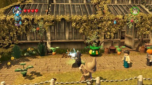 Dziedziniec klasy ziołolecznictwa - na lewo od wejścia do szklarni jest wysuszona roślina - Dodatkowe sztony postaci - Hogwart (5) | Dodatkowe znajdźki | LEGO HP Lata 5-7 - LEGO Harry Potter: Lata 5-7 - poradnik do gry