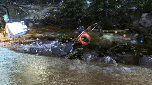 Rzeka - na prawo od namiotu znajdziemy wędkę, podnosimy ją za pomocą magii WL i zaczynamy łowić - Dodatkowe sztony postaci - Obozowisko | Dodatkowe znajdźki | LEGO HP Lata 5-7 - LEGO Harry Potter: Lata 5-7 - poradnik do gry