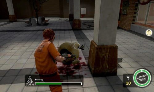 W walce z samym Krotchym musisz przede wszystkim dążyć do tego, aby jak najszybciej do niego dobiec i najlepiej go przewrócić (możesz na niego wbiec lub uderzyć z bliska bronią), a potem ostrzelać - Ścieżka Zła - Battle Damage Krotchy | Opis przejścia Postal III - Postal III - poradnik do gry