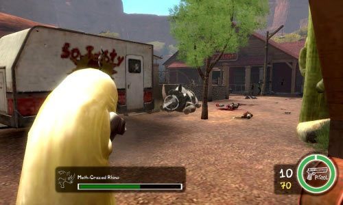 Po zabiciu odpowiedniej ilości przeciwników otrzymasz nowe zadanie - wyeliminowania rozwścieczonego nosorożca (oraz opcjonalne utrzymania przy życiu Pitbossa, co w sumie wykonuje się z marszu) - Ścieżka Zła - Gay Rodeo | Opis przejścia Postal III - Postal III - poradnik do gry