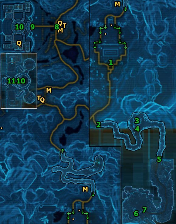 Po wyjściu z Ruined Acropolis [1] skieruj kroki do jaskini na południu (Forge Entrance) w [2] - (L08) The Forge | Jedi Consular | Star Wars The Old Republic - Star Wars: The Old Republic - poradnik do gry