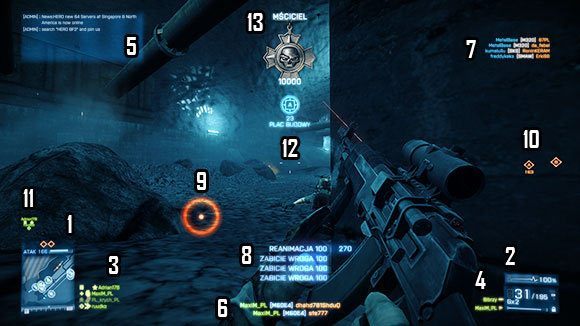 Powyższy screenshot jest spreparowany tak, aby pokazać wszystkie elementy interfejsu na raz - Widok ogólny | Interfejs Użytkownika | Battlefield 3 - Battlefield 3 - poradnik do gry