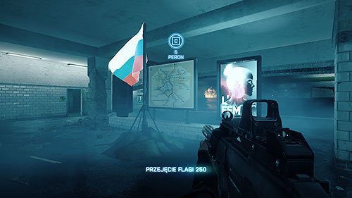 Aby przejąć flagę, gracz musi znaleźć się w jej zasięgu, o czym poinformuje pojawiający się na ekranie gracza okrągły wskaźnik z literą odpowiadającą oznaczeniu flagi - Podbój i Wielki Podbój | Tryby Rozgrywki | Battlefield 3 - Battlefield 3 - poradnik do gry