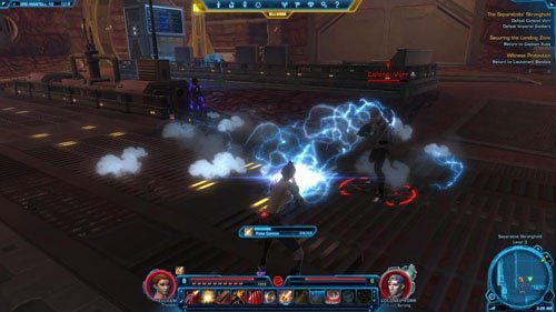 Po walce najlepiej od razu przenieś się do Quick Travel Point (Fort Garnik) lub Quick Travel Point (Avilatans Rest Cantina), a potem wejdź do centrum dowodzenia Republiki przez drzwi w [2] (spójrz na pierwszą mapę w opisie misji) - (L10) The Separatists Stronghold | Trooper | Star Wars The Old Republic - Star Wars: The Old Republic - poradnik do gry