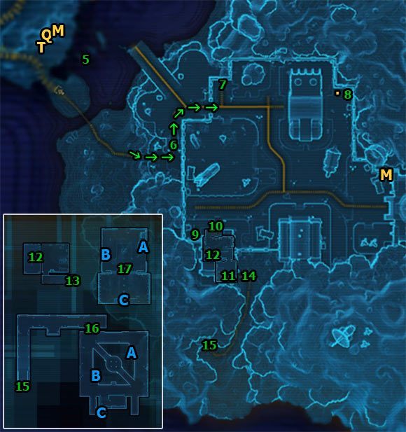 Następnie skieruj kroki do [6] - przejdź przez wodę i plażę, aby dostać się na schody prowadzące do miasta (spójrz na poniższy obrazek) - (L07) Security Breach (1) | Smuggler | Star Wars The Old Republic - Star Wars: The Old Republic - poradnik do gry