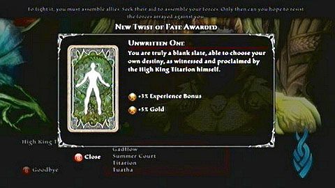 Bez względu na dobrane słowa, otrzymasz od króla złoto, przepis na Fate Potion oraz nową kartę Twist of Fate - Unwritten One - Kingdoms of Amalur Reckoning: The Coming Strom - solucja, opis przejścia - Kingdoms of Amalur: Reckoning - poradnik do gry