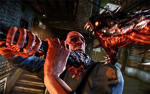 Po odzyskaniu przytomności wysłuchaj tego co tajemniczy jegomość poruszający się o lasce ma do powiedzenia i następnie zacznij przesuwać się w stronę jednego z bandziorów, mając przez cały czas wciśnięty klawisz W - Payback (1) | Opis przejścia The Darkness II - The Darkness II - poradnik do gry