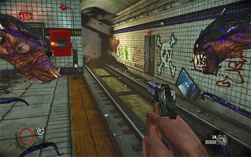 Przedostań się na peron, który był okupowany przez bandytów (nie zapomnij o skonsumowaniu ich serc) i zeskocz na sugerowane przez Twojego darklinga prawe torowisko - Payback (3) | Opis przejścia The Darkness II - The Darkness II - poradnik do gry