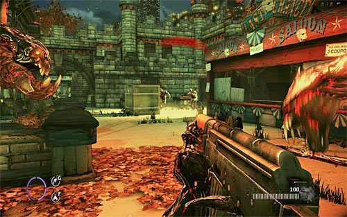 Pilnuj się, bo po pewnym czasie wrogowie przebiją się przez drewniane drzwi budynku zlokalizowanego na prawo od miejsca startu (powyższy screen) - Fun and Games (2) | Opis przejścia The Darkness II - The Darkness II - poradnik do gry