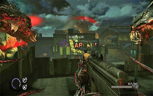 Wysłuchaj nowego przemówienia Victora i zauważ, że wokół budynku zlokalizowanego po drugiej stronie ulicy (Funland Arcade) pojawili się przeciwnicy - Fun and Games (3) | Opis przejścia The Darkness II - The Darkness II - poradnik do gry