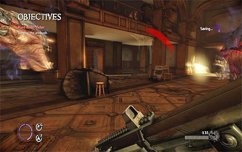 Tuż po rozpoczęciu pierwszej części tej bitwy proponuję skręcić w lewo i pobiec w stronę pokazanego na powyższym screenie obszaru, który zlokalizowany jest pod balkonikiem - Homecoming (1) | Opis przejścia The Darkness II - The Darkness II - poradnik do gry