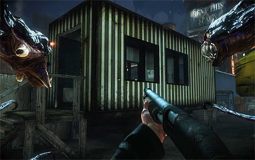 Tuż po zakończeniu walki ze Swiftym przejdź po wysięgniku zniszczonego dźwigu i rozejrzyj się za niewielkim barakiem (powyższy screen) - 01 - 06 | Relikty The Darkness II - The Darkness II - poradnik do gry