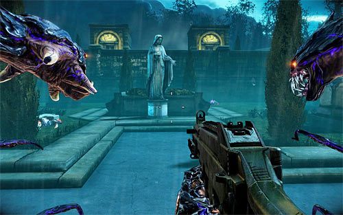 Rozejrzyj się po lokacji, w której znajduje się trumna z ciałem cioci Sarah, a konkretnie za dużą statuą (powyższy screen) - 14 - 20 | Relikty The Darkness II - The Darkness II - poradnik do gry