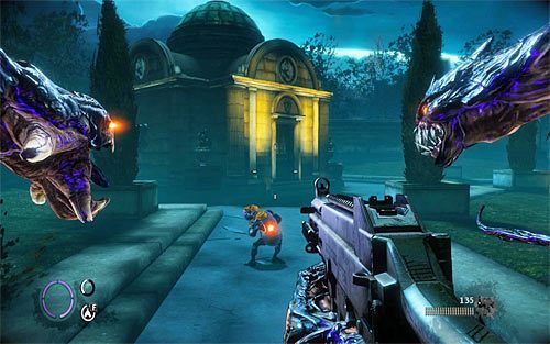 Niedługo po rozprawieniu się po raz pierwszy z przeciwnikiem korzystającym z bicza dotrzesz do miejsca, w którym zauważysz przed sobą duże mauzoleum (powyższy screen) - 14 - 20 | Relikty The Darkness II - The Darkness II - poradnik do gry