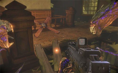 Niedługo po wygraniu bitwy w sali balowej dotrzesz do miejsca, w którym pod sobą zauważysz trzech przeciwników - 21 - 29 | Relikty The Darkness II - The Darkness II - poradnik do gry