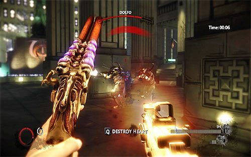 Najtrudniejsza jest końcowa część tej misji, wiążąca się z koniecznością osłaniania Dolfo podczas gdy zakłada ładunek wybuchowy - Kampania Vendettas - wskazówki (2) | Vendettas | The Darkness II - The Darkness II - poradnik do gry