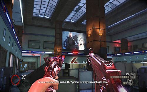 Musisz dotrzeć do jednego z górnych pięter wieżowca, a konkretnie do dużej sali, w której swoją siedzibę ma stacja telewizyjna (powyższy screen) - Relikty trybu Vendettas | Vendettas | The Darkness II - The Darkness II - poradnik do gry