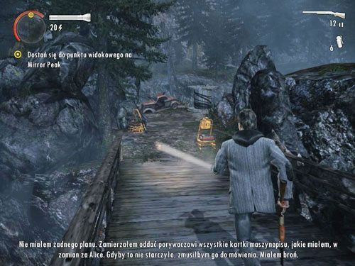 Przejdź przez mostek i zmień swoją zwykłą strzelbę na strzelbę powtarzalną - Alan Wake: Mirror Peak (2) | Odcinek 3- Okup | Solucja - Alan Wake - poradnik do gry