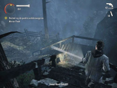 Po walce wróć na samą górę, przeskocz dziurę w podłodze, a następnie zeskocz niżej, na ziemię - Alan Wake: Mirror Peak (4) | Odcinek 3- Okup | Solucja - Alan Wake - poradnik do gry