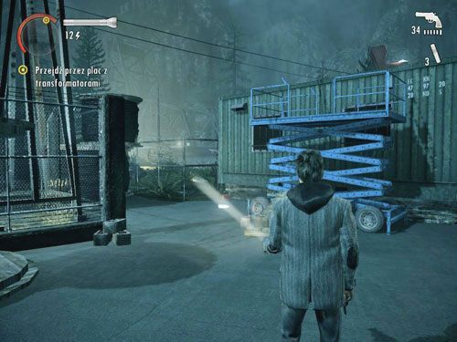 Idąc dalej, natkniesz się na niebieski podnośnik - Alan Wake: Elektrownia Bright Falls (1) | Odcinek 5- Pstrykacz | Solucja - Alan Wake - poradnik do gry
