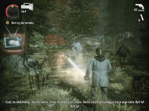 Biegnij dalej aż trafisz do lasu - zostaniesz uprzedzony przez telewizor o zbliżającym się niebezpieczeństwie - Alan Wake: Odcinek specjalny 1- Sygnał (2) | Odcinki specjalne | Solucja - Alan Wake - poradnik do gry