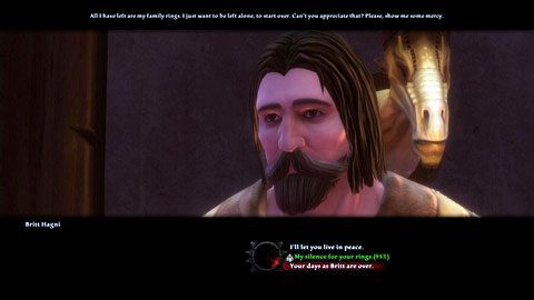 Jeśli wybierzesz górną odpowiedź, otrzymasz od mężczyzny jeden pierścień, dolna nie da ci żadnego, a dzięki środkowej masz szanse na zdobycie wszystkich trzech błyskotek - Forsaken Plain I (2) | Zadania poboczne w Kingdoms of Amalur Reckoning - Kingdoms of Amalur: Reckoning - poradnik do gry