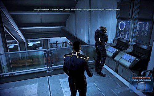 Drugi sposób to podsłuchanie rozmowy funkcjonariusza Dellka, którego spotkasz niedaleko zamkniętego biura radnego Udiny w lokacji [Cytadela: Ambasady na Cytadeli] - Mass Effect 3: Cytadela, Szyfry Cerberusa - solucja, opis przejścia - Mass Effect 3 - poradnik do gry