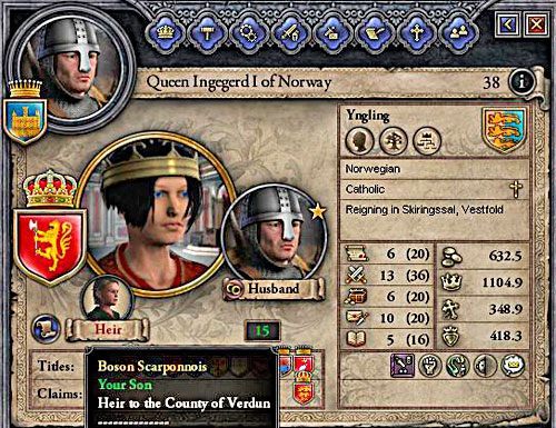 Dzięki mariażowi z królową Norwegii, biedny hrabia może zapewnić swemu synowi władanie nad fiordami. - Primogenitura (Primogeniture) w Crusader Kings II | Ród i Dziedziczenie - Crusader Kings II - poradnik do gry
