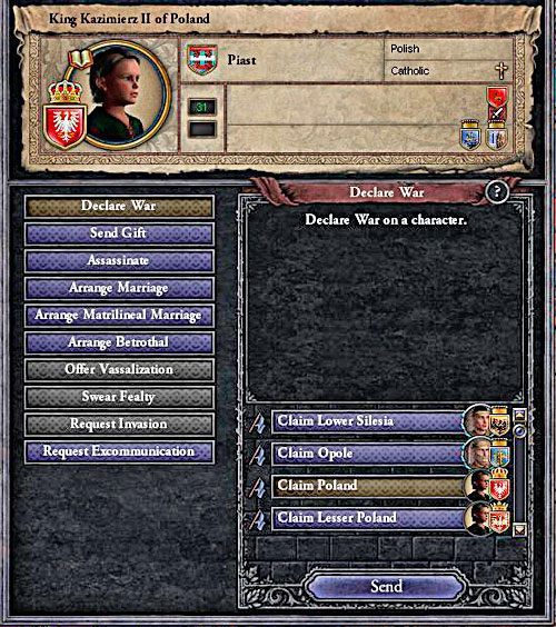 Jeśli ktoś nie ma cierpliwości do mordowania kilkunastu członków rodu, zawsze może rozpocząć wojnę o prawa swojego faworyta. - Seniorat w Crusader Kings II (Seniority) | Ród i Dziedziczenie - Crusader Kings II - poradnik do gry