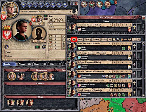 Podczas doboru małżonków można wspomóc się filtrami - najlepiej tymi, które szeregują postaci wedle ich znaczenia (screen powyżej). - Mariaże w Crusader Kings II | Ród i Dziedziczenie - Crusader Kings II - poradnik do gry