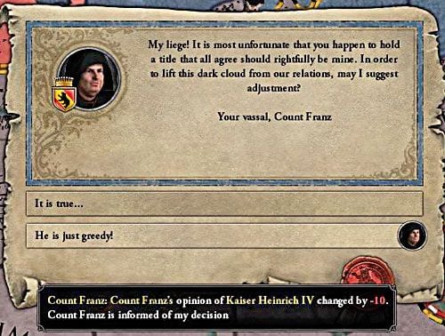 Wasale często upominają się o włości posiadane przez suwerena. - Jak dbać o relacje między postaciami w Crusader Kings II? | Postacie - Crusader Kings II - poradnik do gry