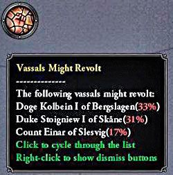 Ikonka zaciśniętej pięści informuje o możliwych rozruchach. - Jak dbać o relacje między postaciami w Crusader Kings II? | Postacie - Crusader Kings II - poradnik do gry