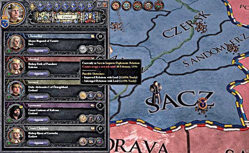 O tym, gdzie mieszka problematyczny wielmoża, informuje przypisany mu herb (na mapie i w ekranie postaci). - Kanclerz (Chancellor) | Rada (Council) w Crusader Kings II - Crusader Kings II - poradnik do gry