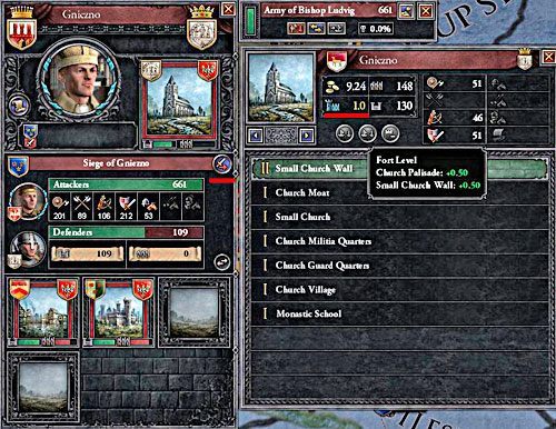 Ikona szturmu (z lewej) oraz poziom fortu (z prawej). - Kampanie wojenne | Militaria w Crusader Kings II - Crusader Kings II - poradnik do gry
