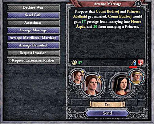 Chorągiew oznacza, że zostanie zawarty sojusz z księciem, którego portret widnieje ponad wizerunkiem panny młodej. - Sojusze w Crusader Kings II | Dyplomacja - Crusader Kings II - poradnik do gry