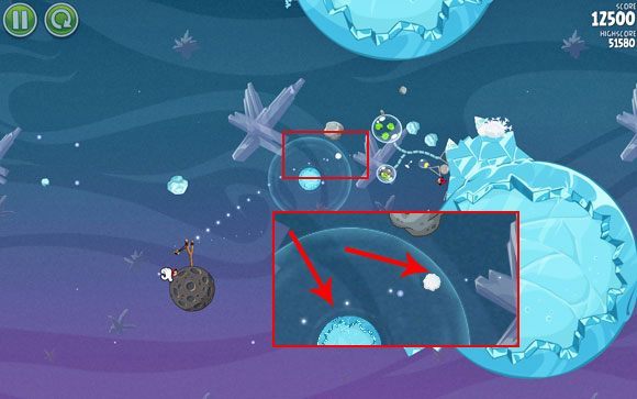Drugi strzał wyceluj nad mniejsza planetą jak na powyższym rysunku - Level 2 - 1, 2 | Cold Cuts | Angry Birds Space - Angry Birds Space - poradnik do gry