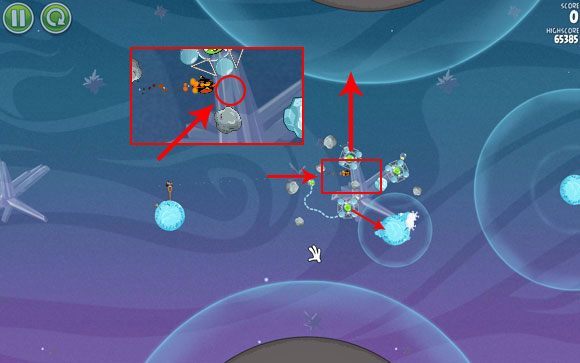 Ustaw trajektorię lotu pierwszego ptaka tuż nad pierwszą asteroidą po lewej - ptak musi przelecieć tuż nad nią, nie może jej uderzyć - Level 2 - 3 | Cold Cuts | Angry Birds Space - Angry Birds Space - poradnik do gry