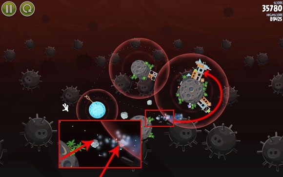 Drugiego ptaka wyślij w drugą stronę - ustaw jej trajektorię tuż obok niewielkiej asteroidy - Level 3-1 | Danger Zone | Angry Birds Space - Angry Birds Space - poradnik do gry