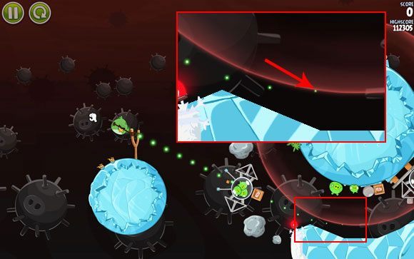 Tor lotu pierwszego ptaka ustaw w taki sposób, aby linia ledwo nachodziła na obszar przyciągania (powinna bardzo minimalnie się ugiąć, tylko ostatnią kropką) - Level 3-3 | Danger Zone | Angry Birds Space - Angry Birds Space - poradnik do gry